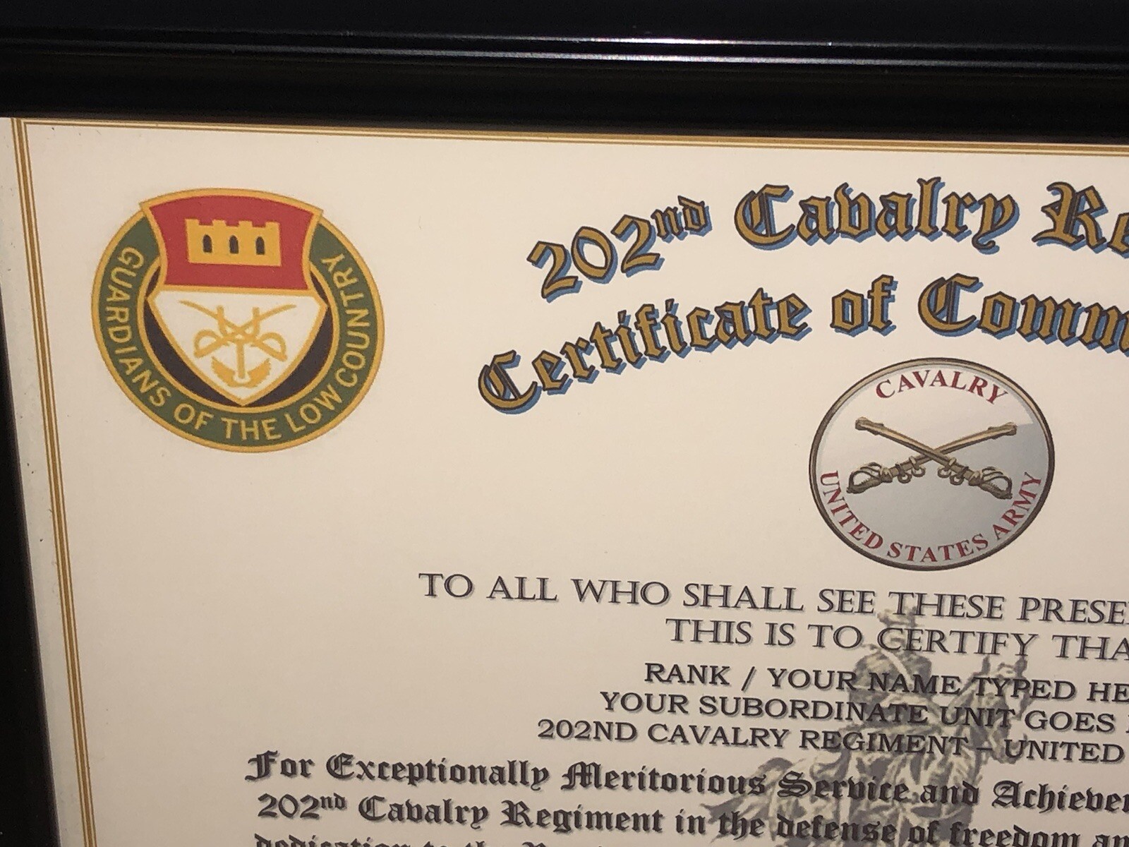202ND U.S. CAVALRY REGIMENT / COMMEMORATIVE - CERTIFICATE OF COMMENDATION
