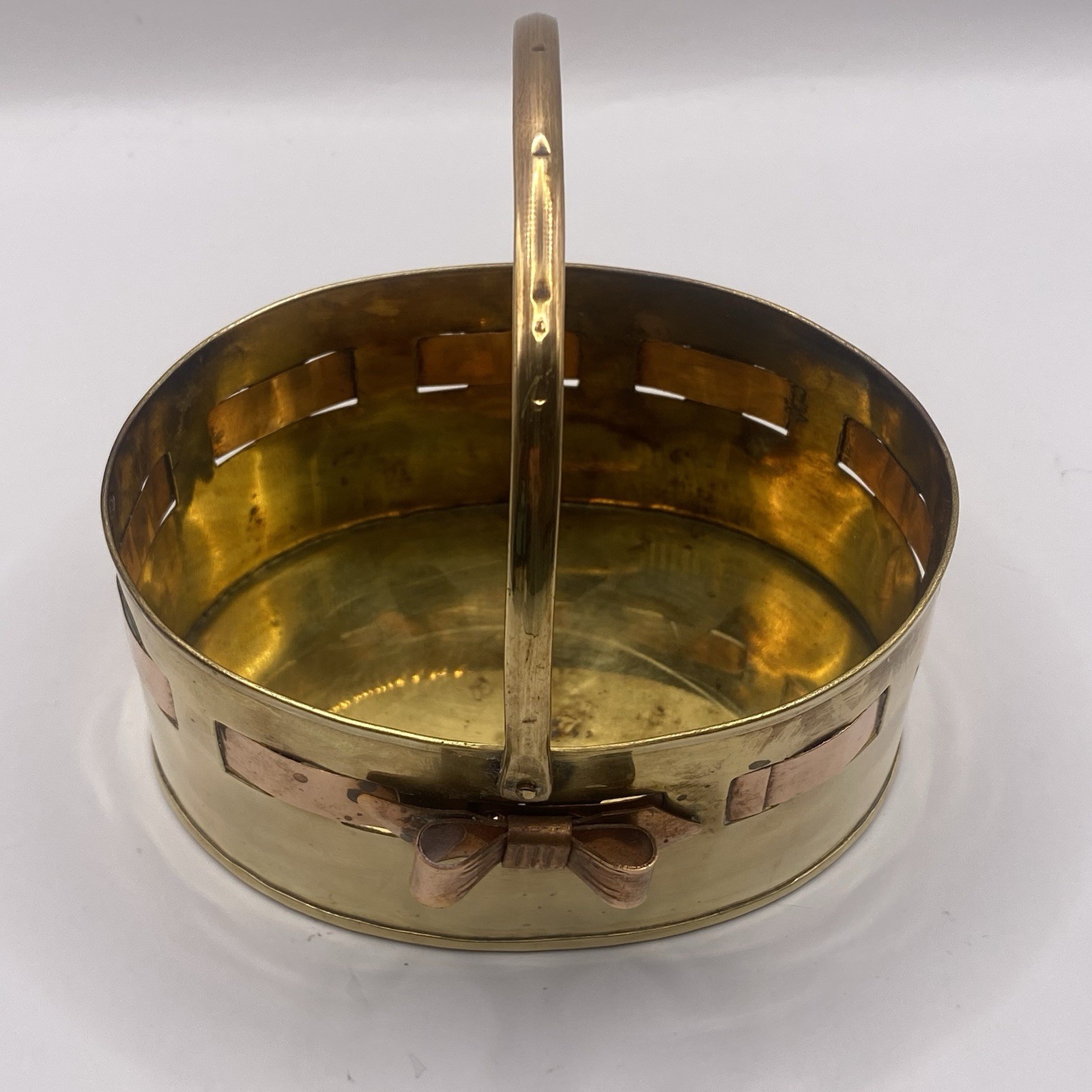 Brass Basket with Handle With Woven Design Bow