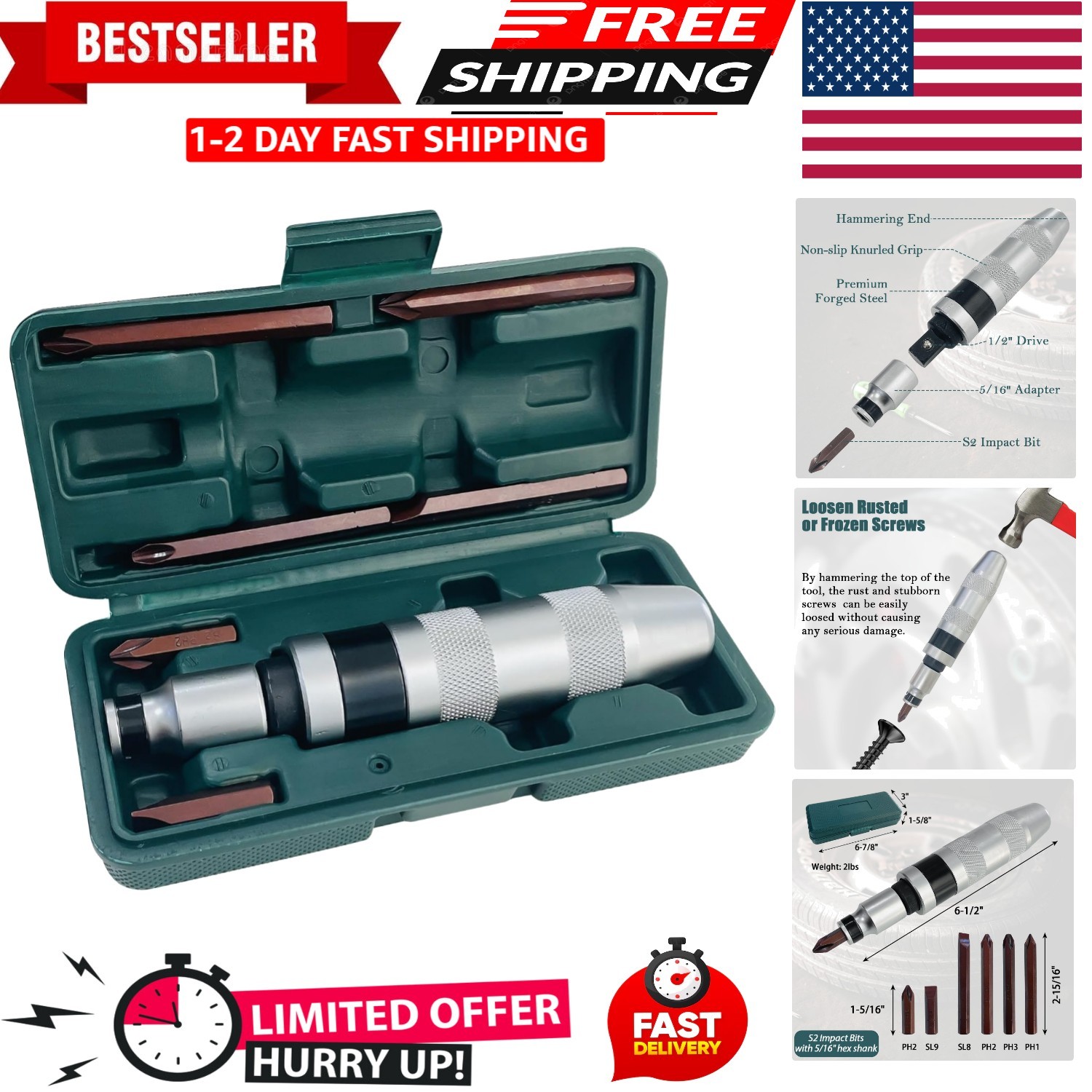 1/2 Inch Drive Manual Impact Driver Set Reversible Hand Held Impact Screwdriver