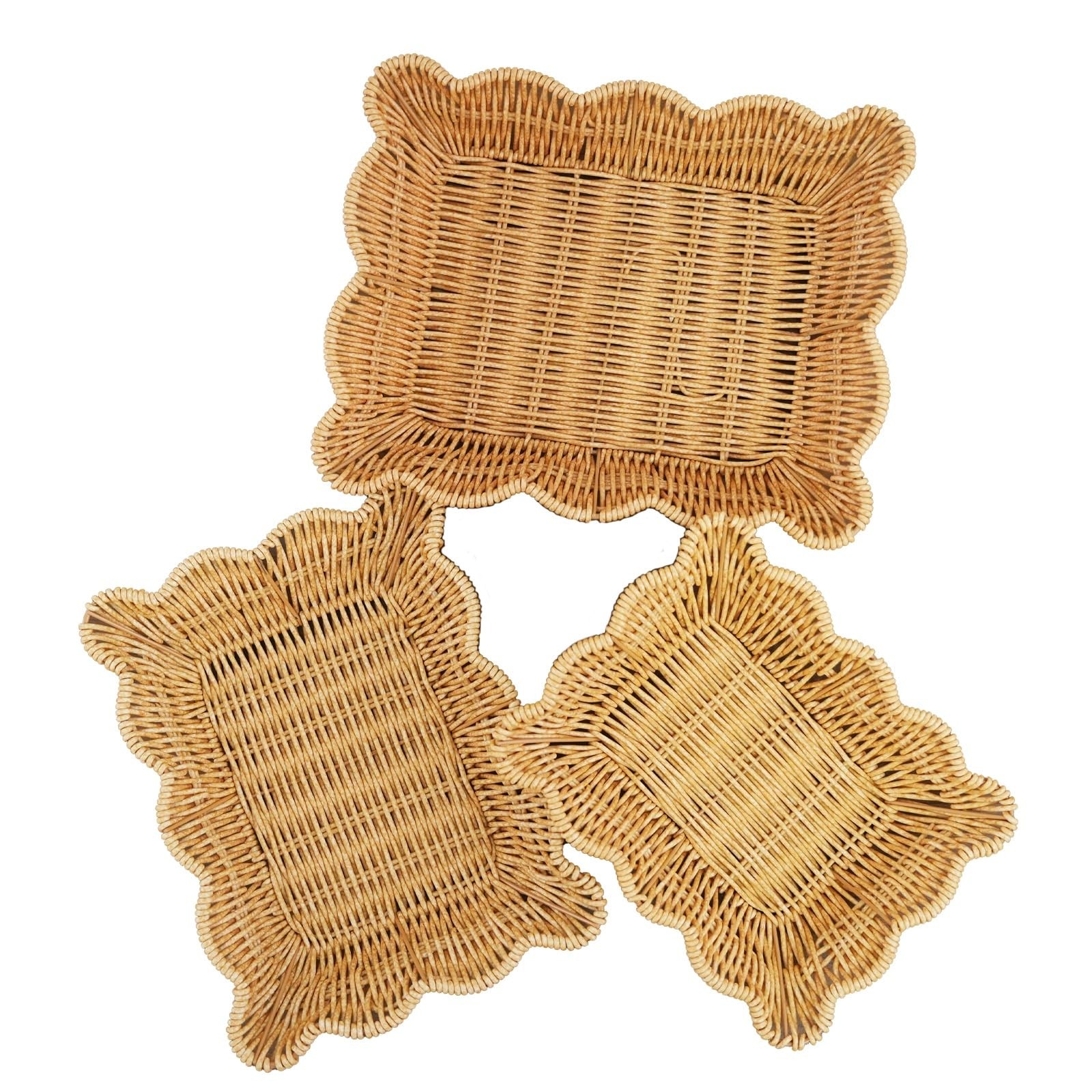3-Pack Wave Shaped Woven Dining Basket Set - Imitation Rattan Picnic Fruit Ba...