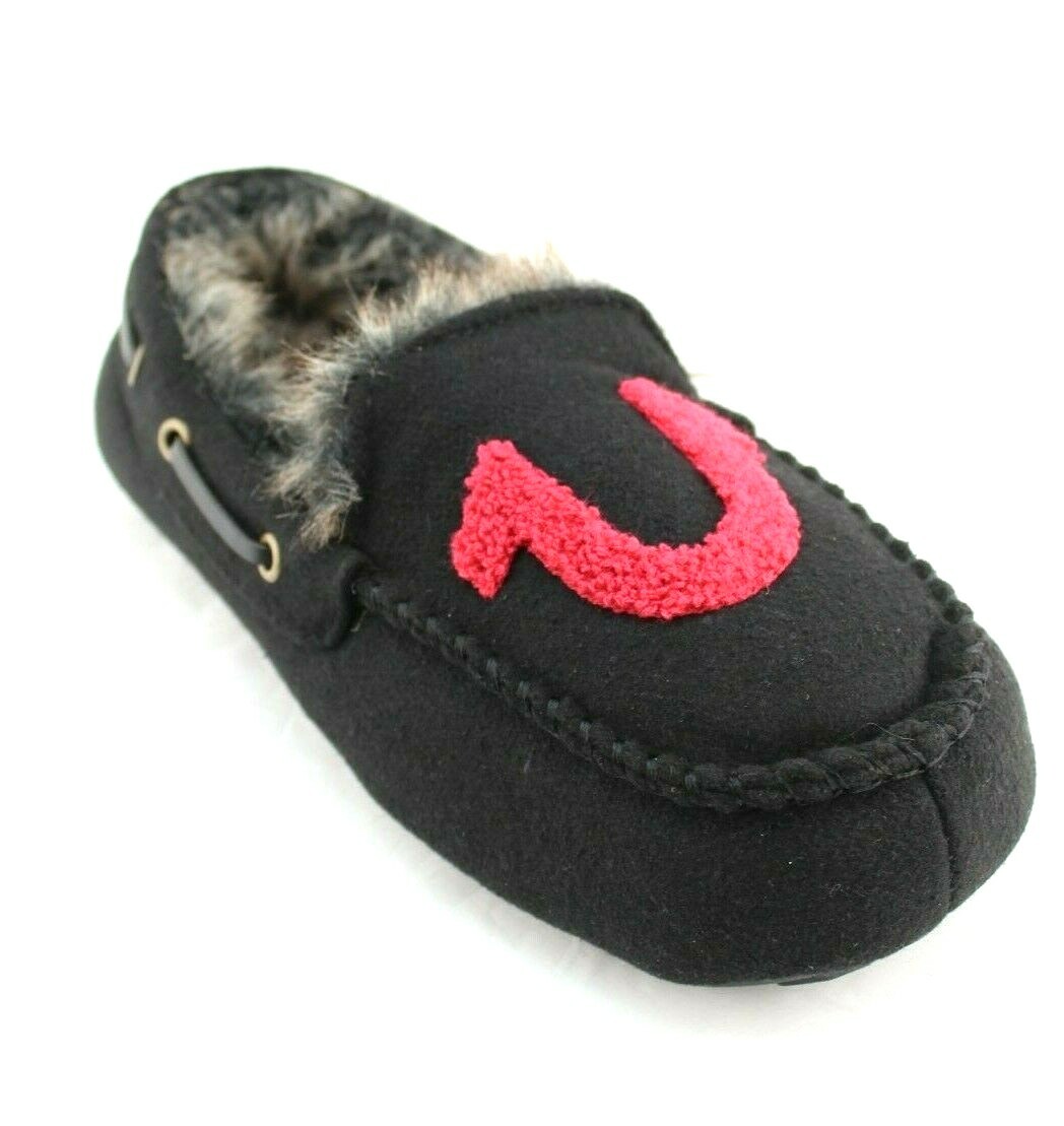 New TRUE RELIGION Size S 7-8 Black / Red Faux Fur Lined Men's Moccasins Slippers