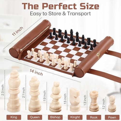 Roll Up Chess Set - Foldable Leather Chess Mat with Chess Pieces - Brown