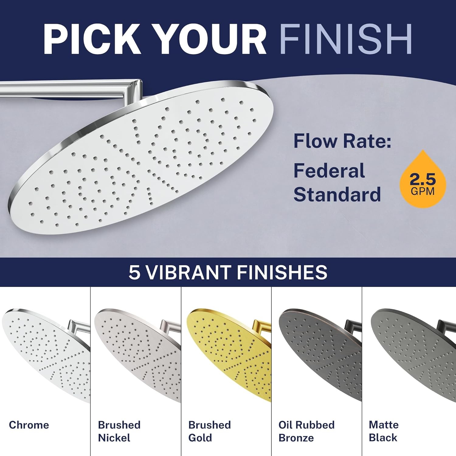 ® Solid Metal 12 Inch Rainfall Shower Head, Large Rain Shower Head, 2.5 GPM High