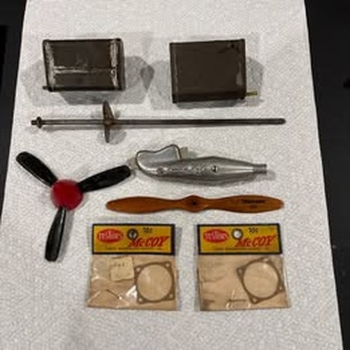 Vintage Model Airplane Engine Parts Lot- McCoy, Props, Tanks, Peace Pipe Muffler