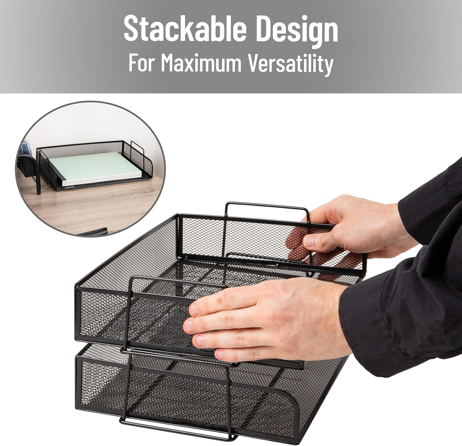 Stackable Paper Tray, Desktop Organizer, File Storage, Office, Metal Mesh, 2 Pcs