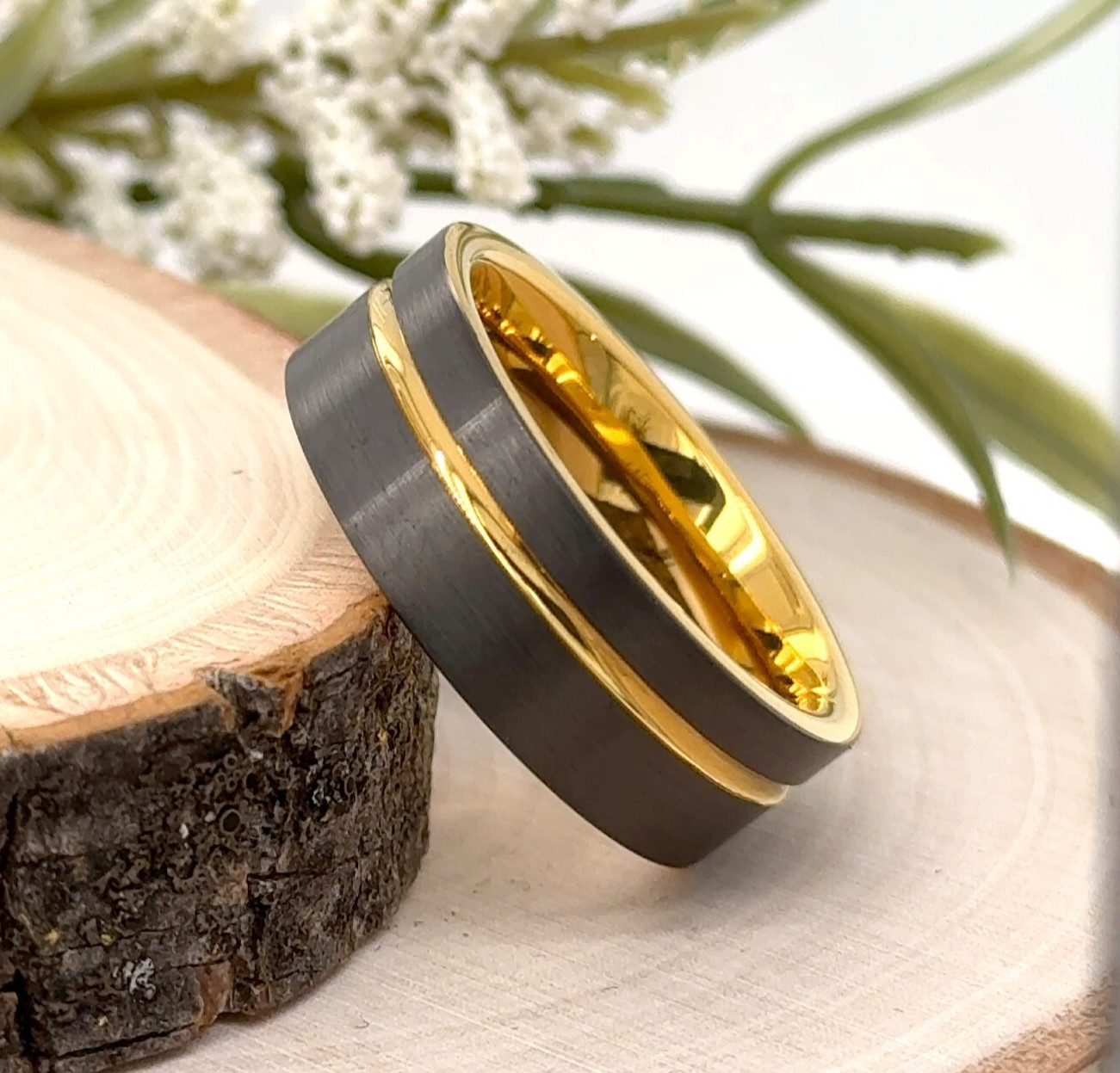8MM Gold & Silver Tungsten Christmas Gifts Ring Stepped Edges Groove Design Band