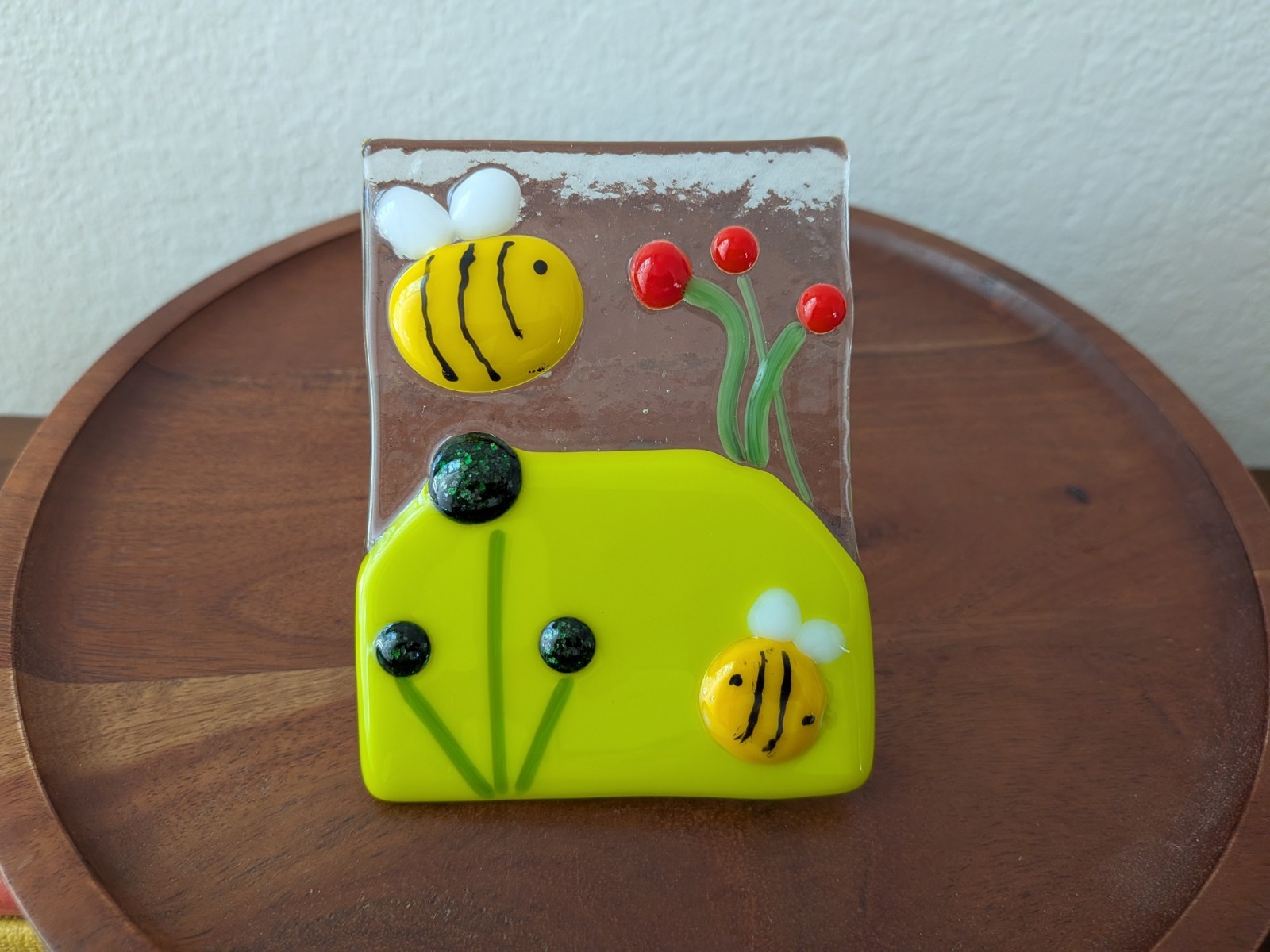 Fused Art Glass Night Light Spring Bees Red Flowers 4"