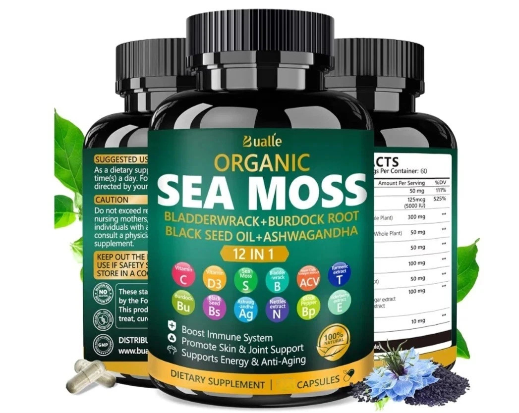 (1) Bualle Organic Sea Moss 12-in-1 Vitamin C D3 Bladderwrack 150 Capsules 8/27