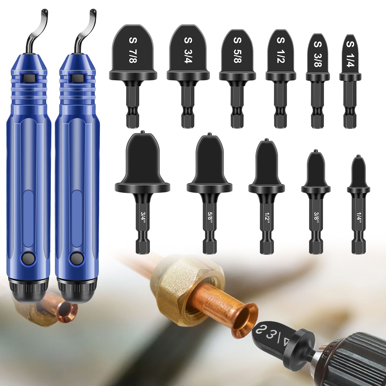 3/4-1/4" HVAC Copper Pipe Expander Swage Tool Drill Bit Set w/ Deburring Scraper