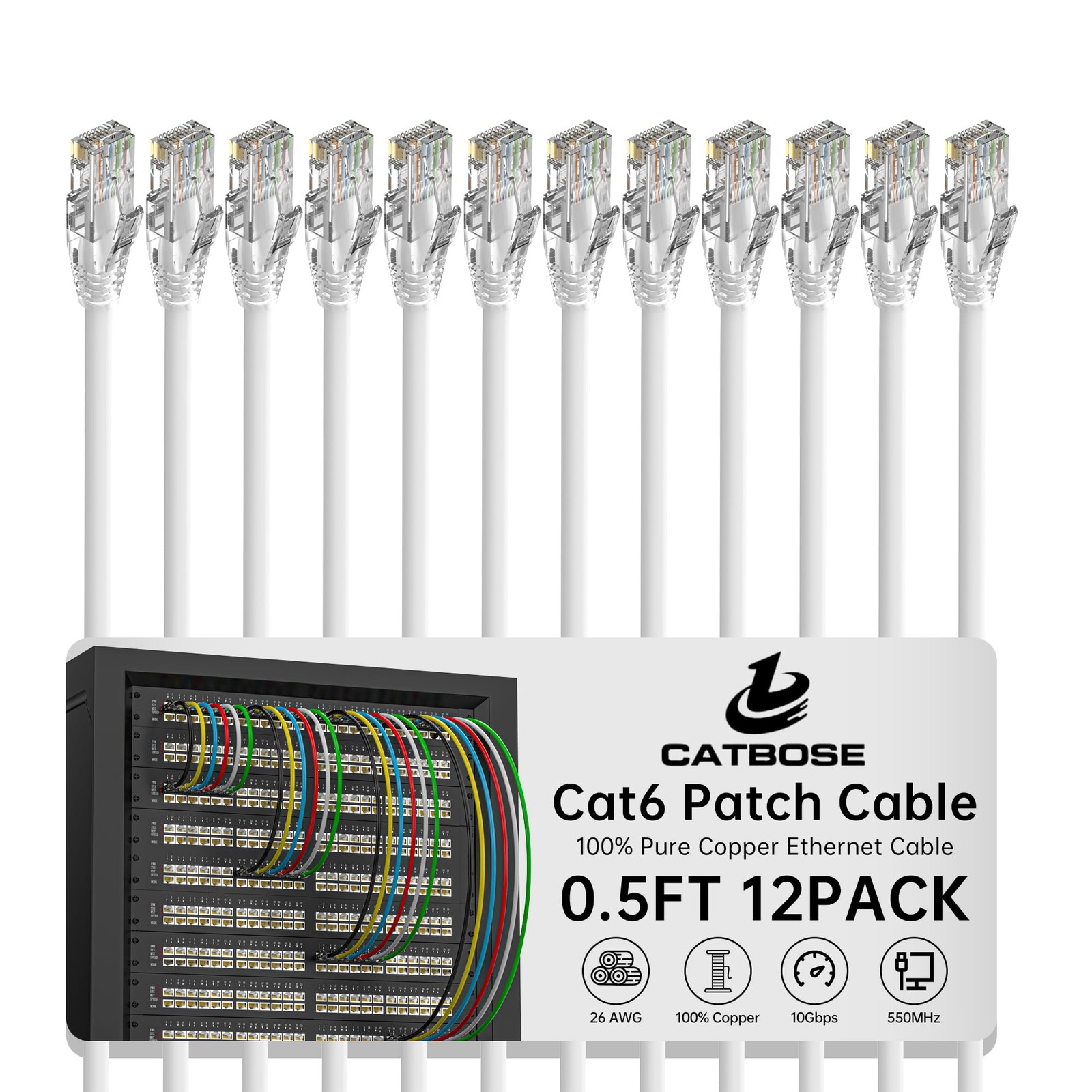 0.5 Foot Cat6 Patch Cables(12 Pack), Solid Pure Copper 0.5FT, White