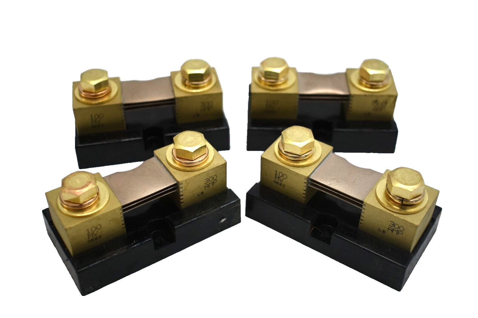 Lot of 4 100 MV  300 AMP Shunts Brass with Plastic Mounting Base