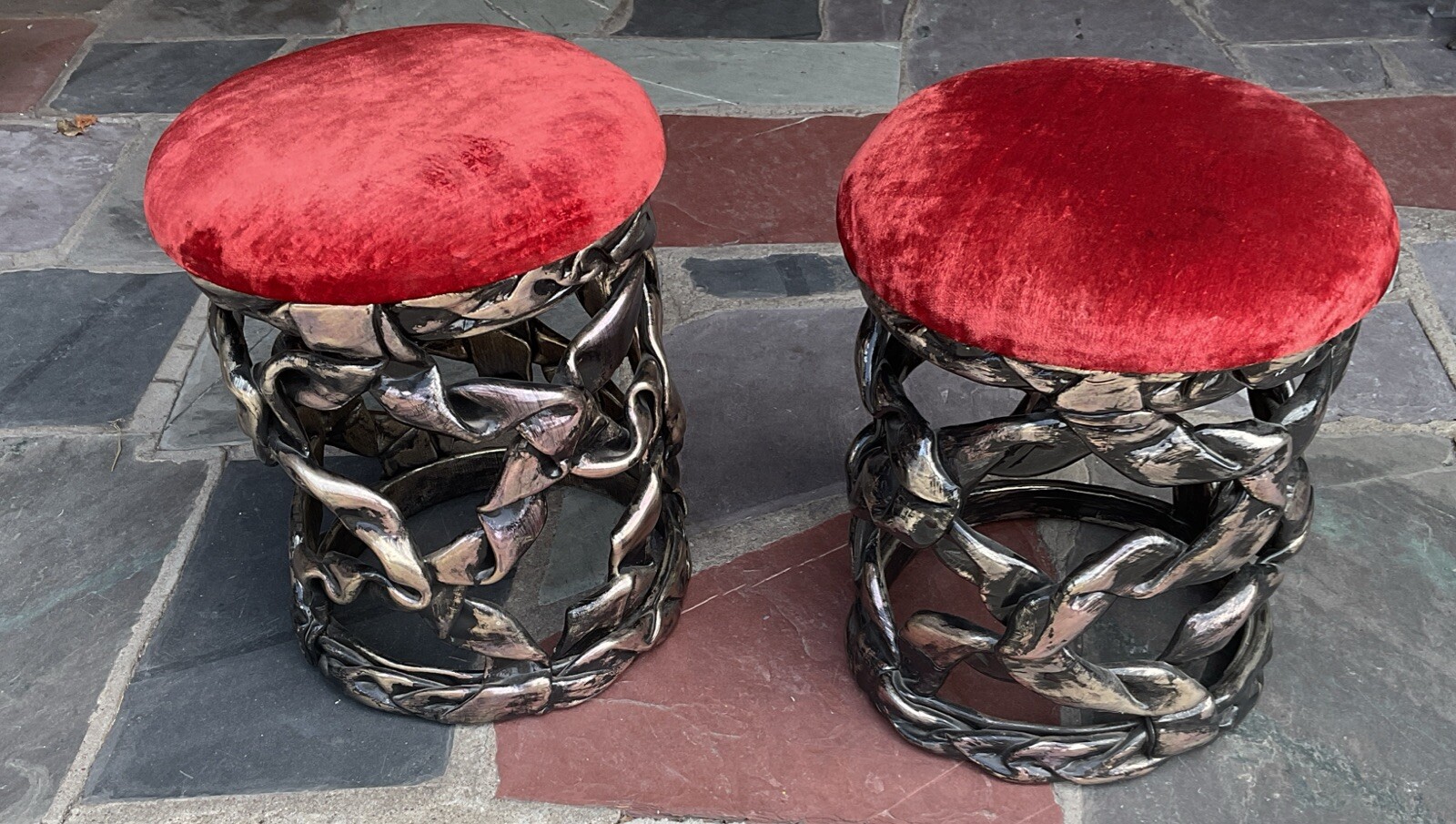 1970'S Pair  DUQUETTE STYLE SILVER LEAF RIBBON RESIN STOOLS