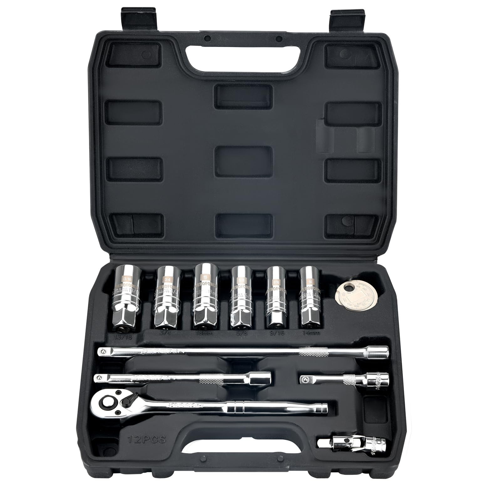 AEROFORCE 12PCS 3/8" Drive Spark Plug Socket Set with Ratchet Handle, Univers...