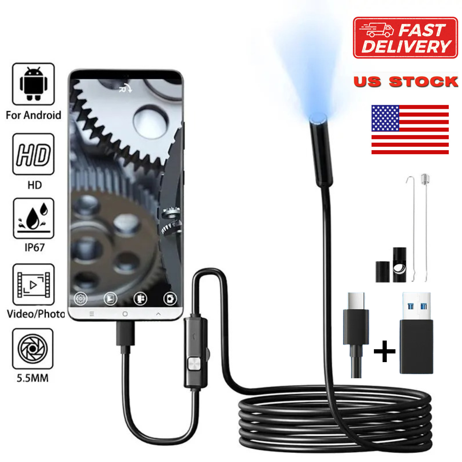 7mm USB Type-C Endoscope Camera IP67 Waterproof Borescope for Android PC LED USA