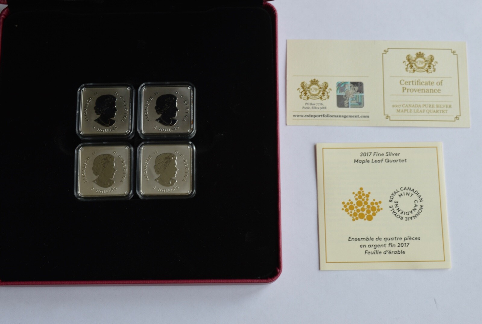 2017 Canada Maple Leaf Quarter Fine Silver BOX + COA 4 Coins/Bars