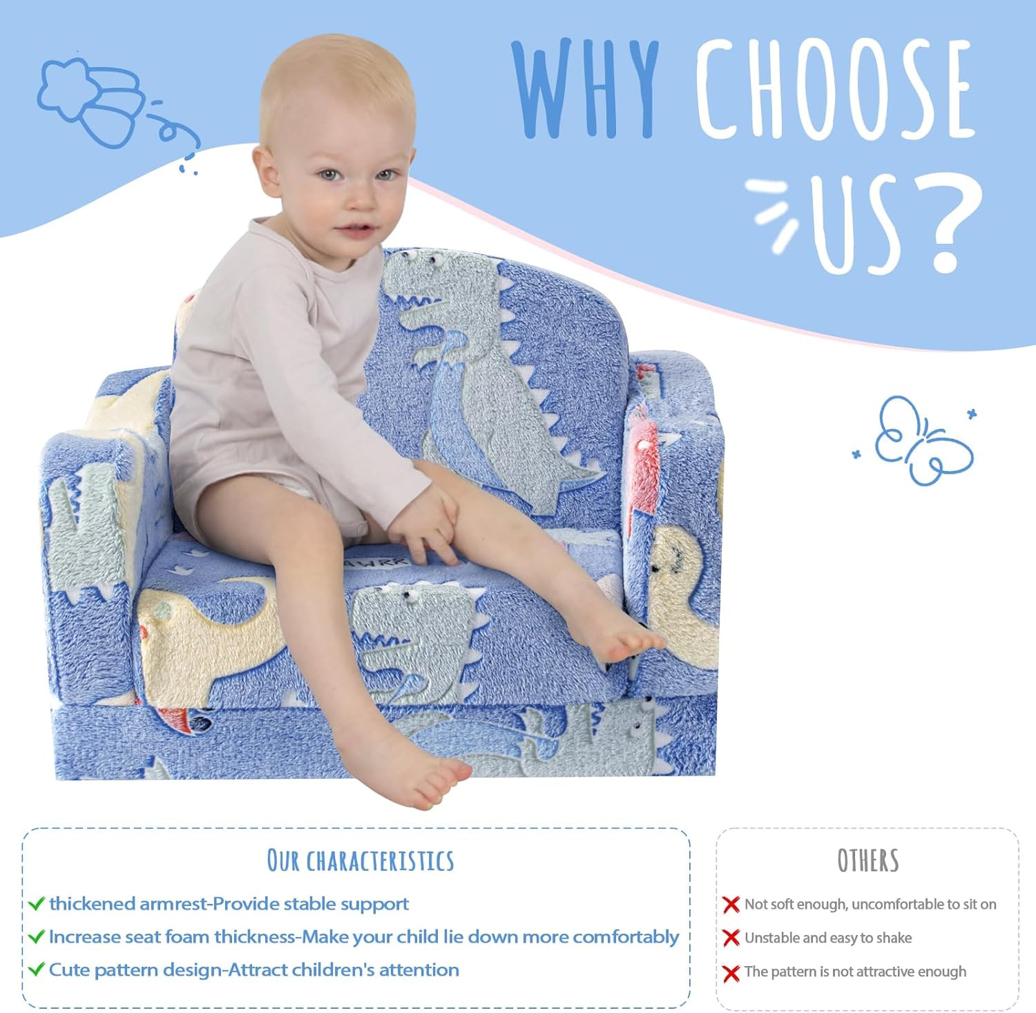 Thick Comfy Toddler Chair and Couch for Kids,2-In-1 Soft Plush Fold Out Sofa for