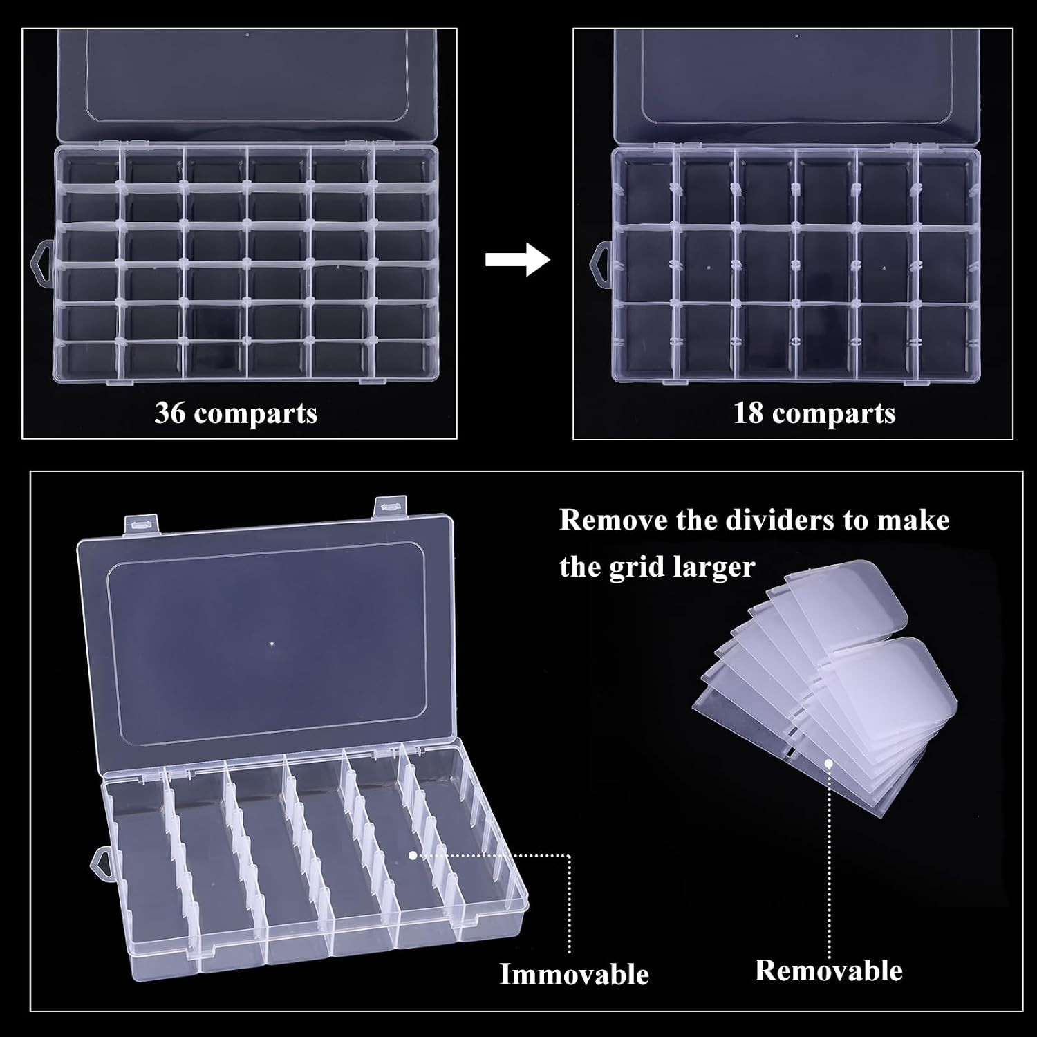 Transparent Bead Organizer Set - 4 Boxes with 36 Adjustable Compartments