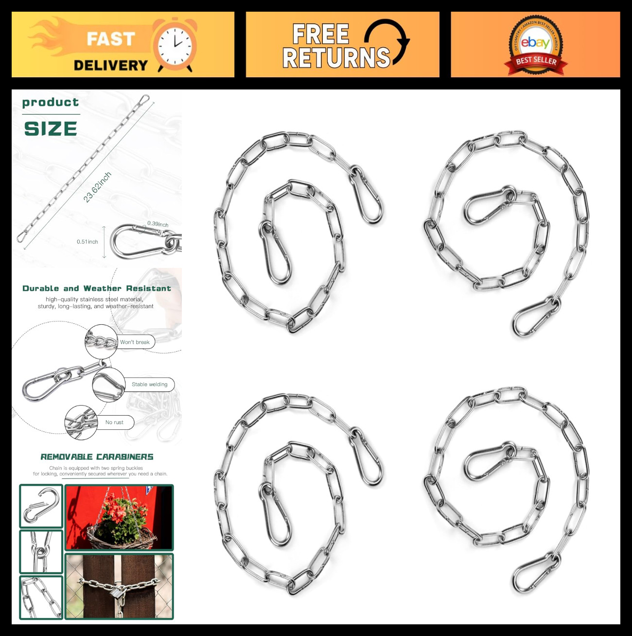 4PCS 24" Stainless Steel Chain Lock with Carabiners - Secure Outdoor Gate Latch