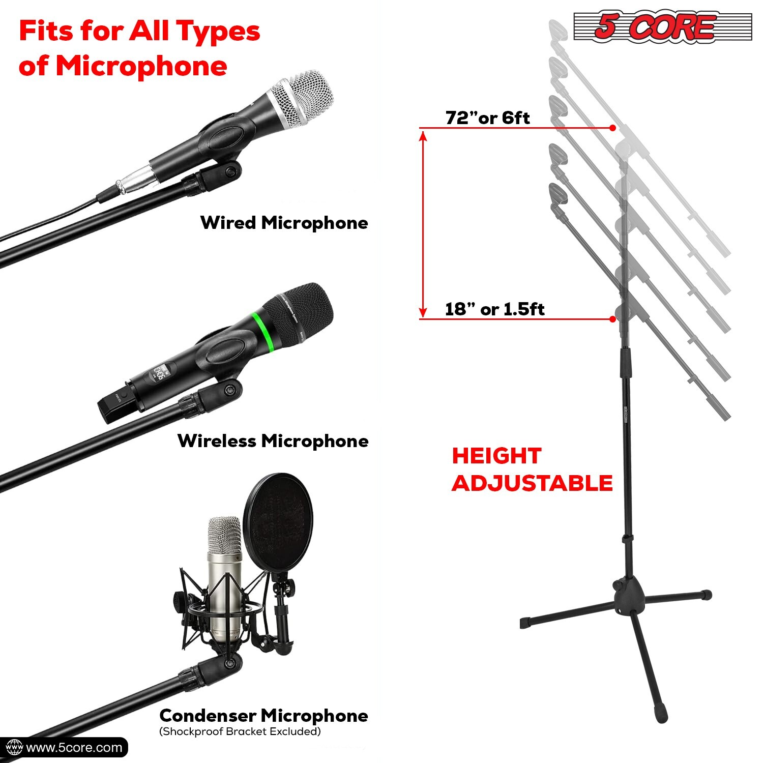5Core Microphone Stand 360° Rotating Mic Clip Boom Arm Foldable Tripod Holder