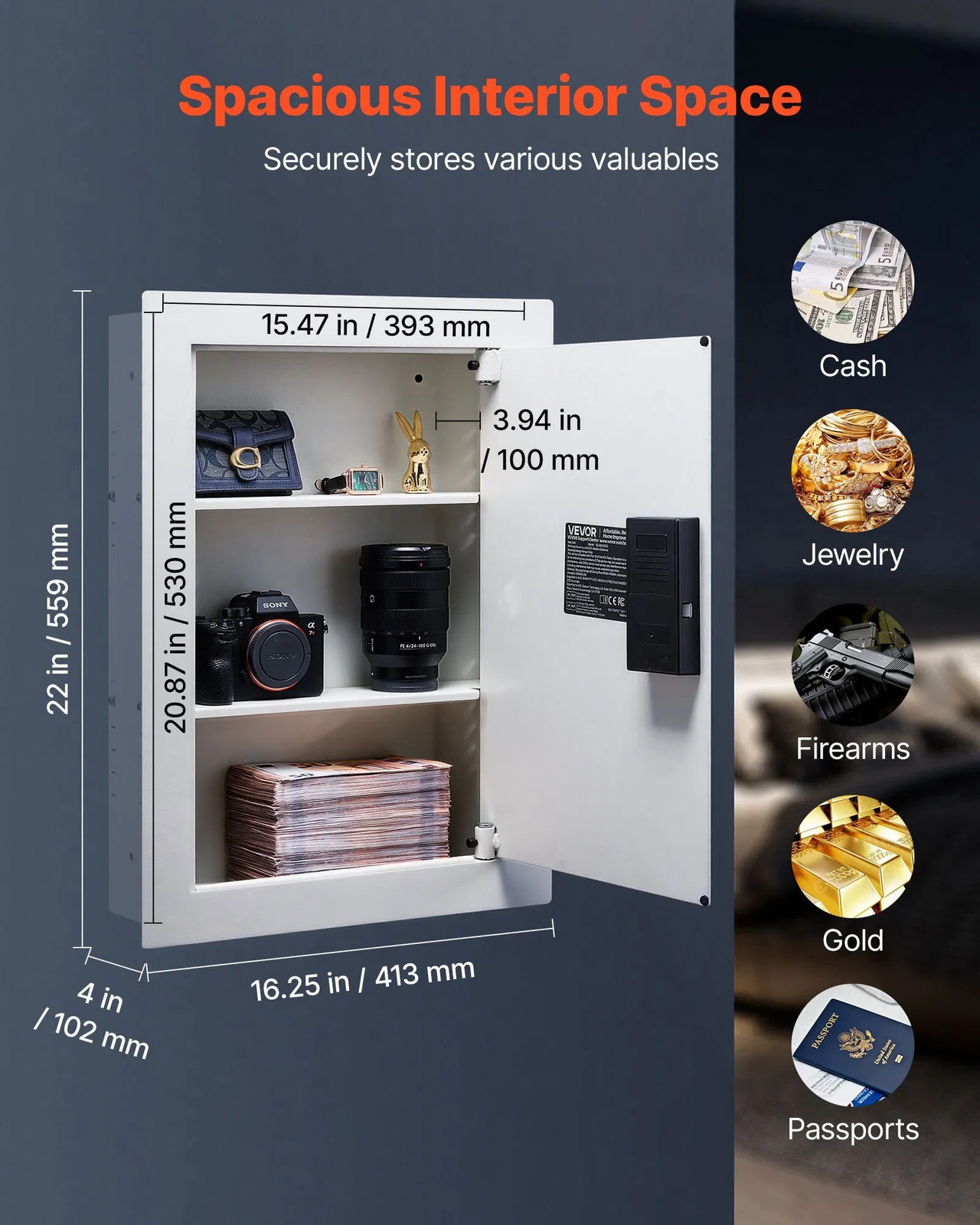 0.83 sq.ft Wall Safe, 3-Tier Hidden Wall Safe with Password, Key & Turning Knob