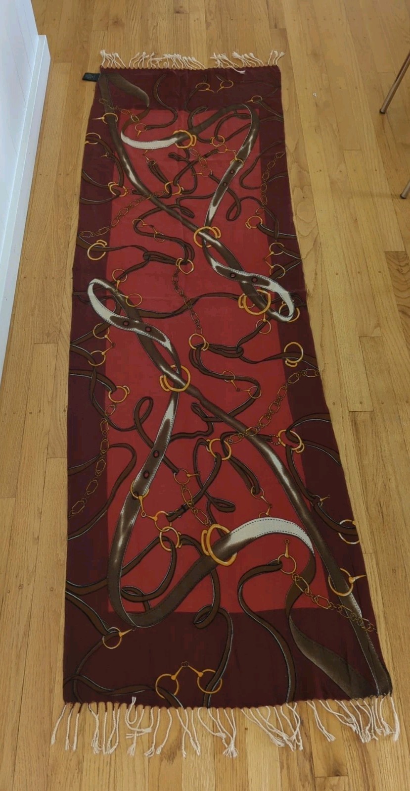 Vintage Maroon Equestrian Modal Scarf Shawl Horse Bits Belts  82"x24" M64