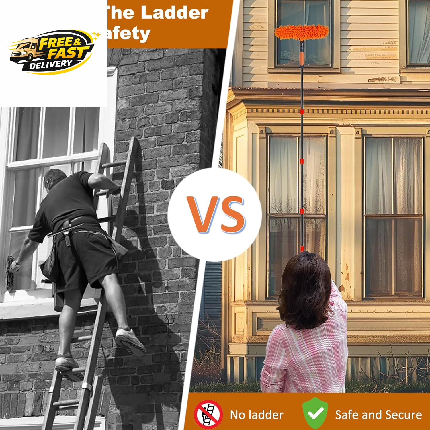 20 Ft+ Reach Squeegee Window Cleaner Duster 2 in 1 Rotatable Window Cleaning Too