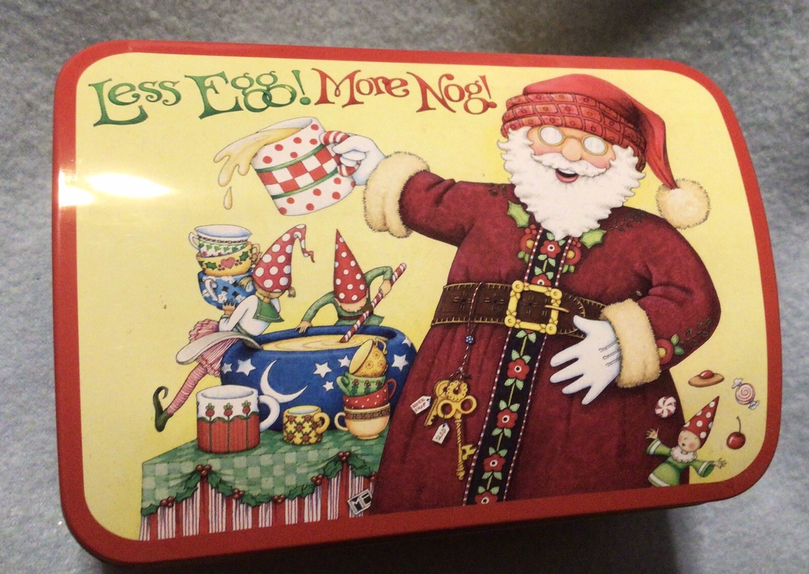Mary Engelbreit Tin Hinged Christmas Santa Less Egg More Nog New