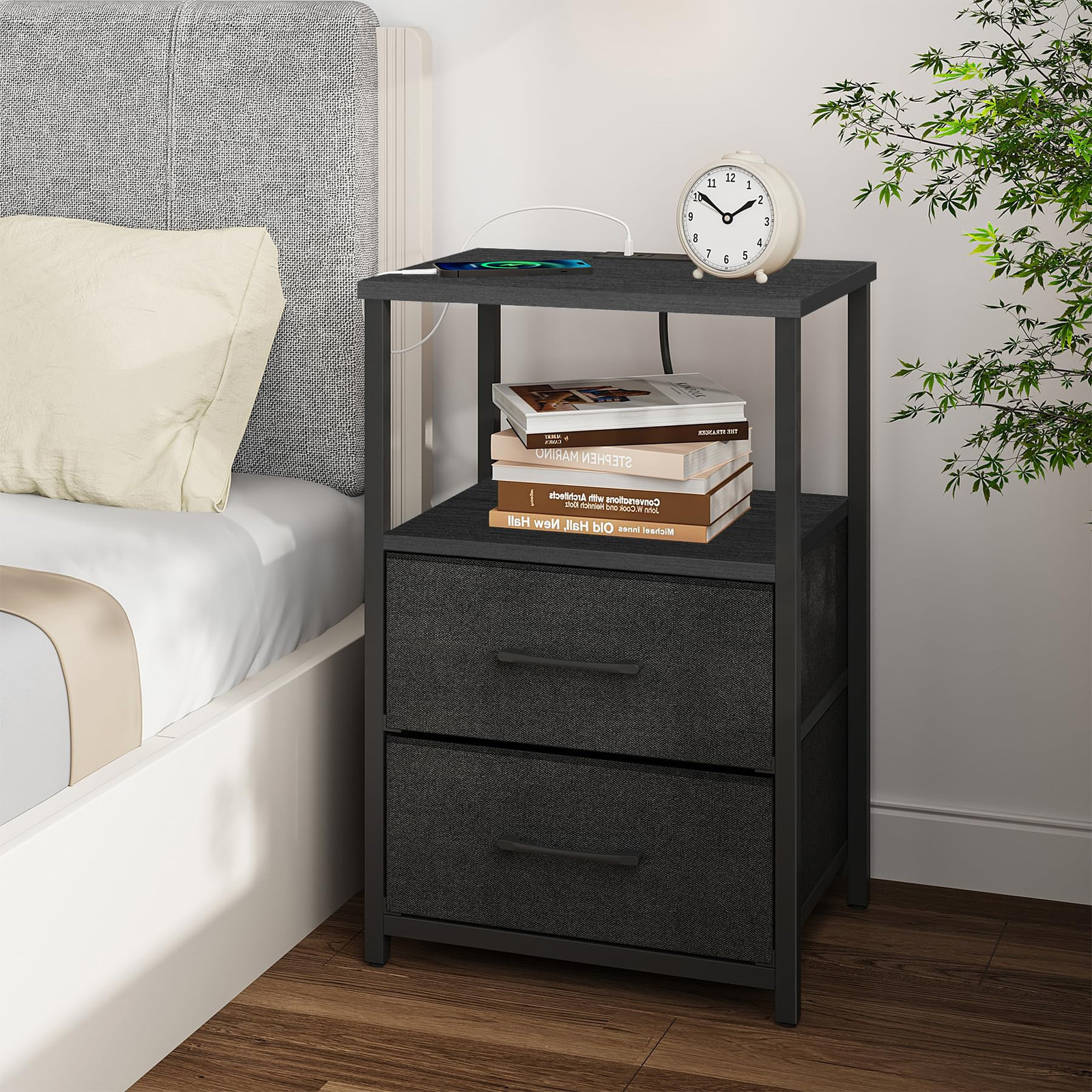 End Table with Charging Station, Side Table with 2 USB Ports and Outlets, Nig...