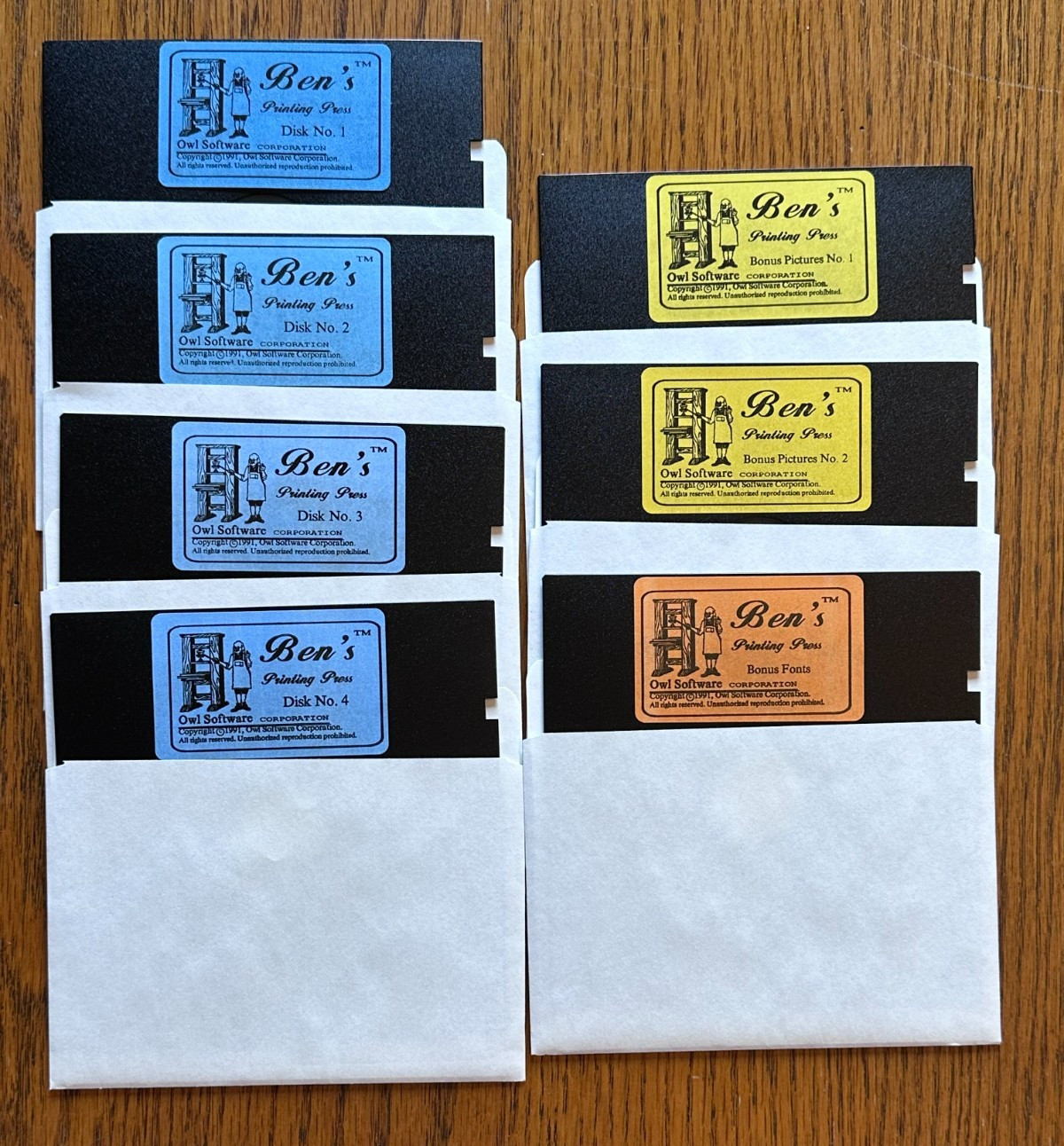 Ben's Printing Press 1991 Owl Software 5.25" Floppy COMPLETE Set Vintage 5 1/4"!