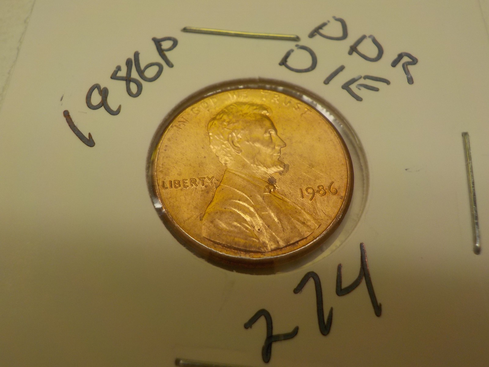TWO ERRORS, 1986-P LINCOLN MEMORIAL CENT RD DIE CRACK & DDR P-274