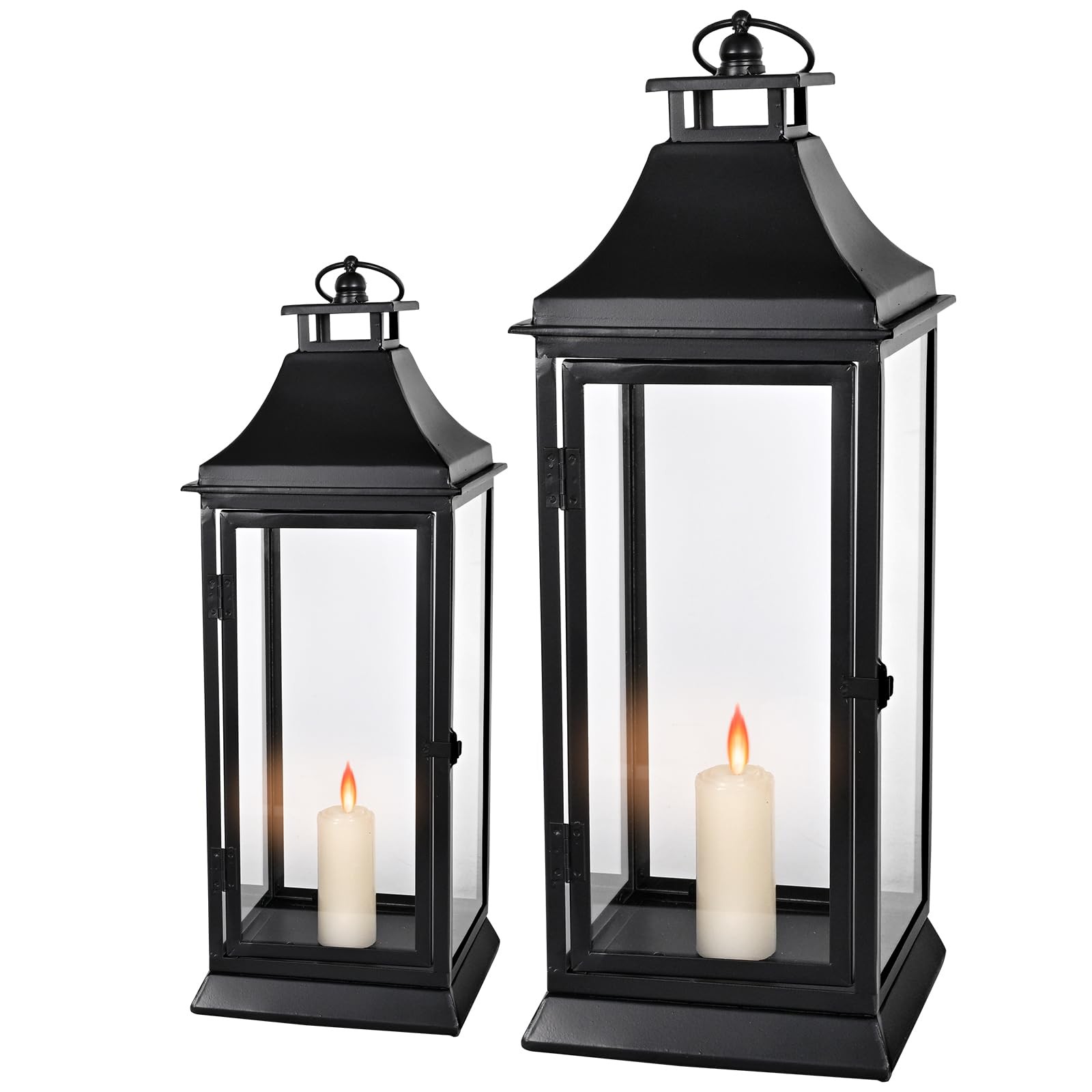 Black Outdoor Lanterns Set of 2, 19.5" & 13.3" Farmhouse Large Metal Decorati...
