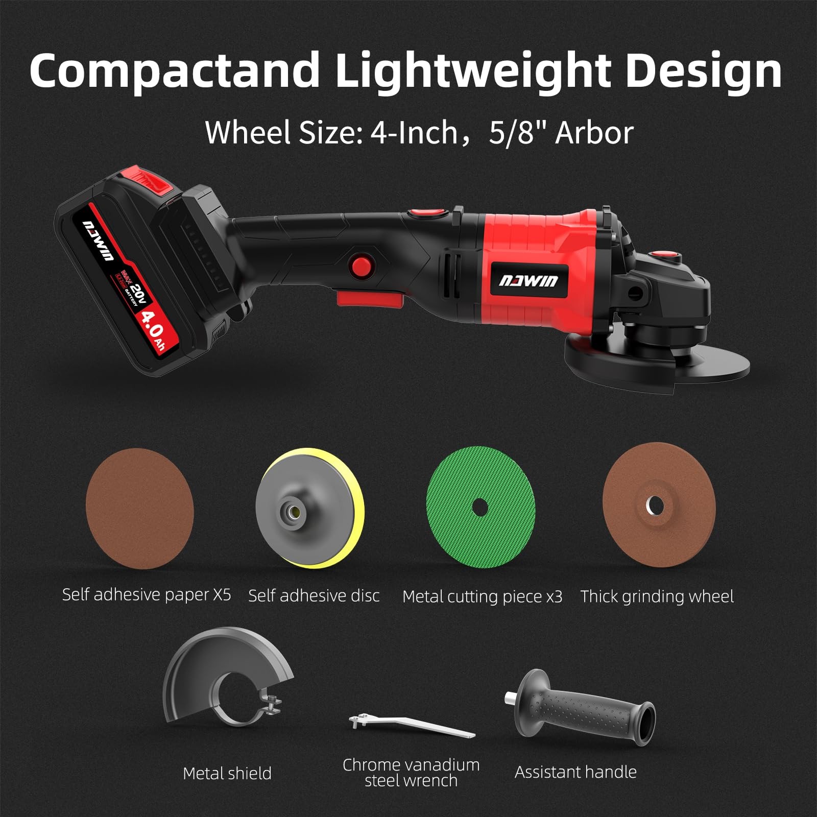 4 inch Cordless Angle Grinder Kit, Variable Speed Grinder, 2×4.0Ah Li-Ion Bat...