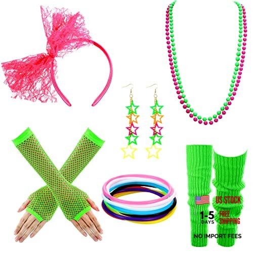 80s Dress Costume Accessories for Women Lace Fluorescent Green, Rose Red