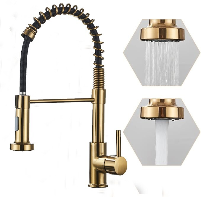 Brushed Gold Kitchen Faucet with Pull Down Sprayer Single Handle Spring Faucet