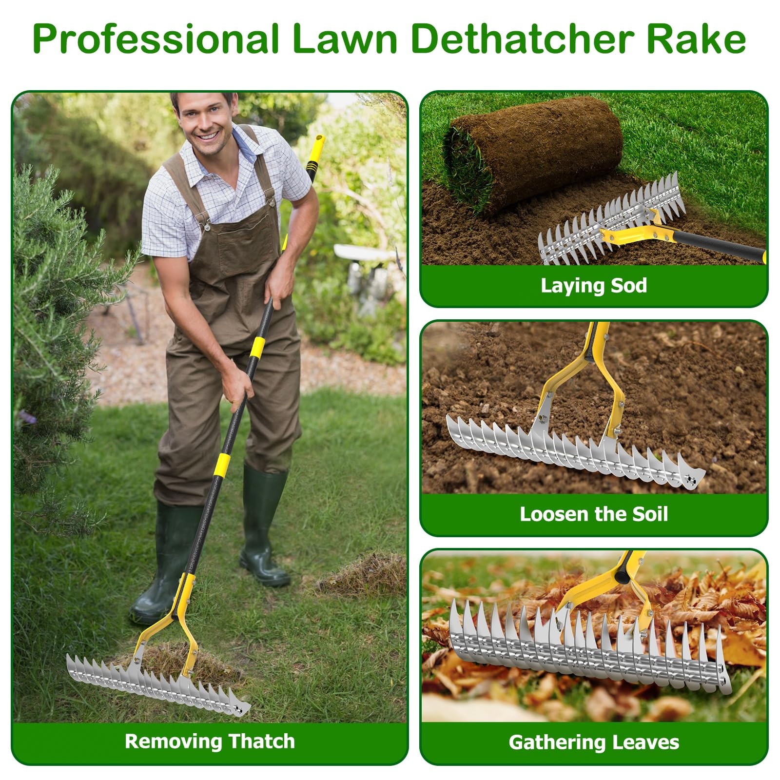 Thatching Rake for Lawns, 15" Heavy Duty Thatch Rake with 70" Handle