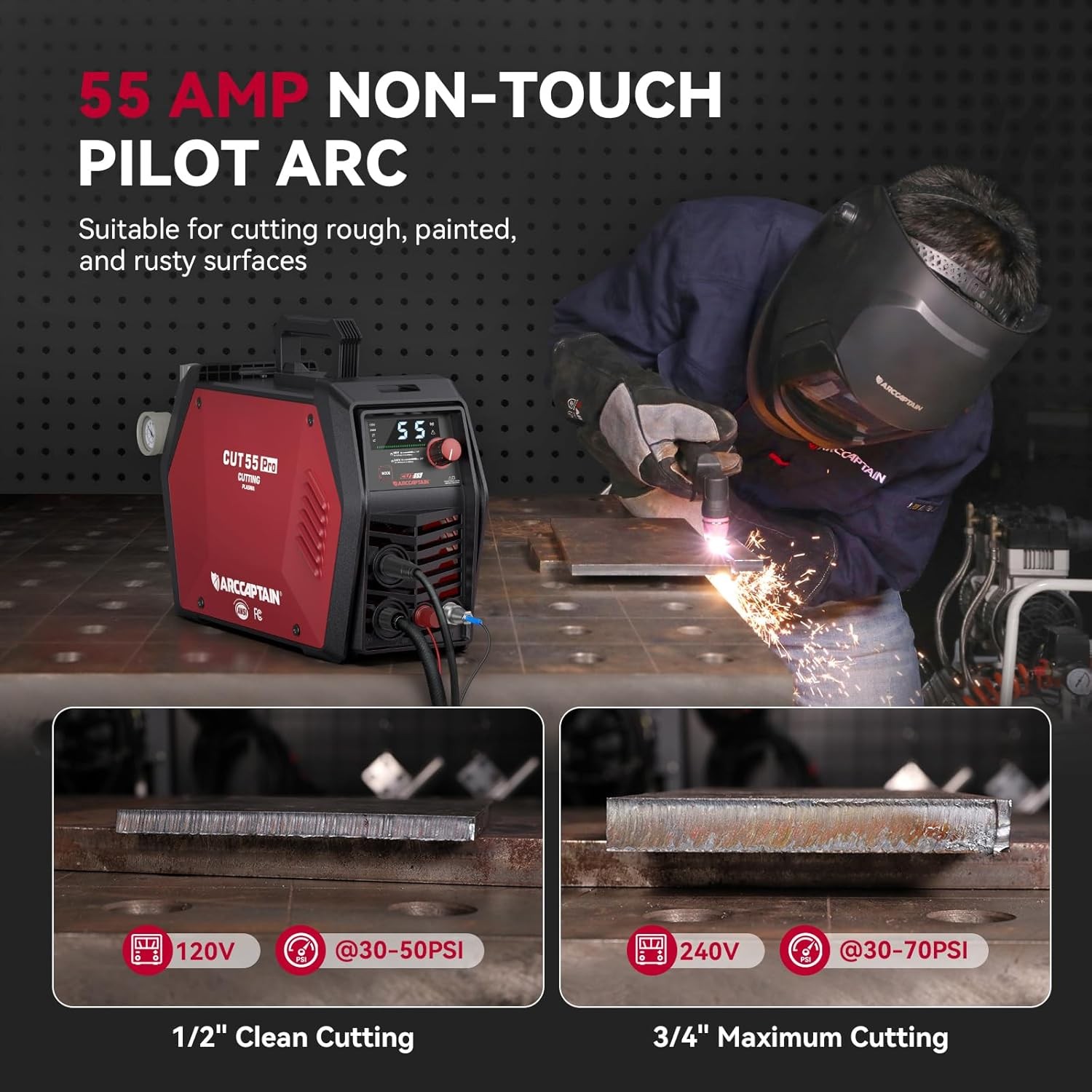 ARCCAPTAIN Plasma Cutter 55A Pilot Arc Air Plasma Cutting Machine Dual Voltage