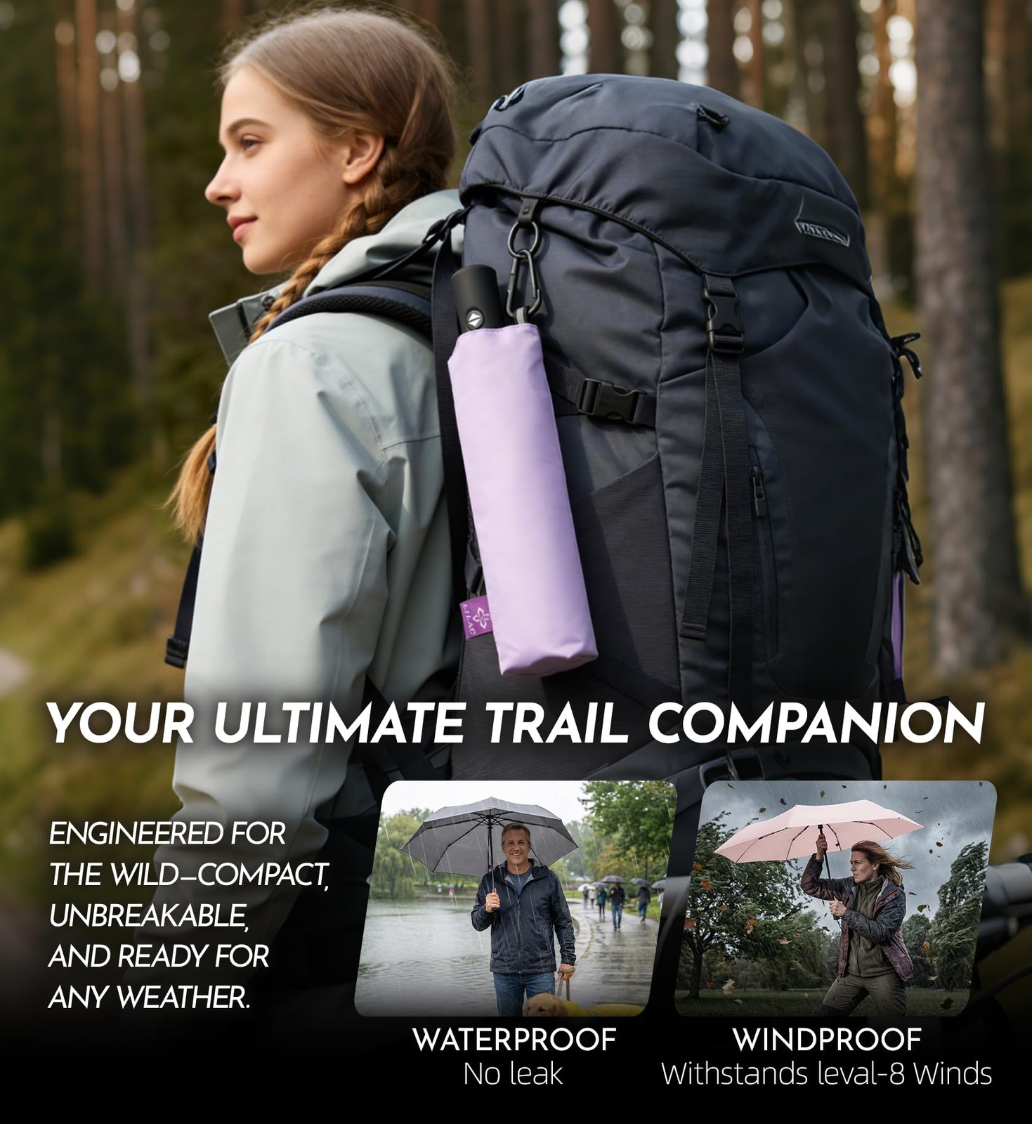 Compact Travel Windproof Umbrella, 43" Auto open/close Folding Quick Dry Umbrell