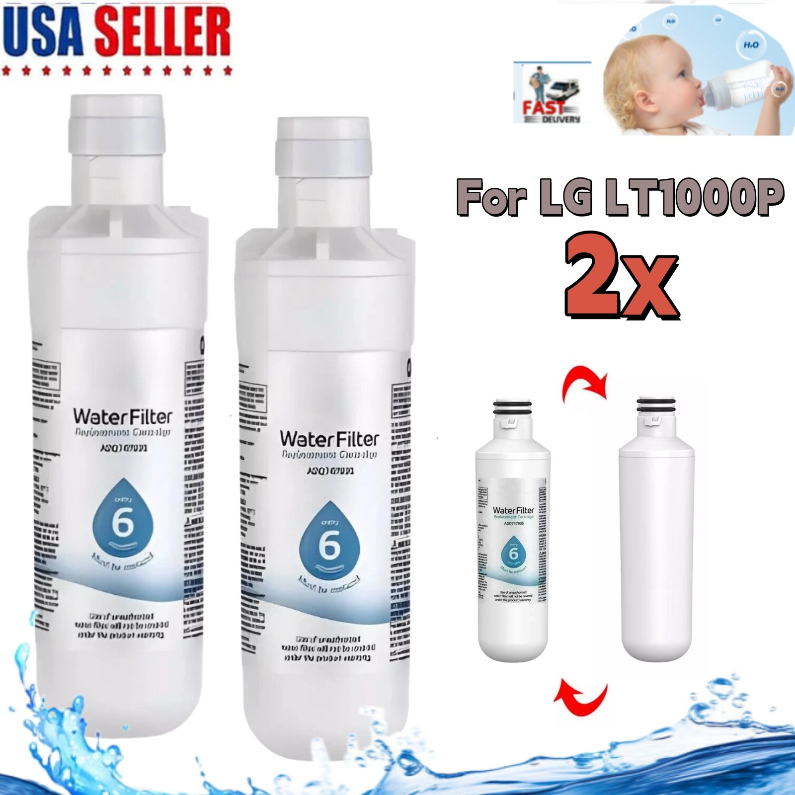 2pack Refresh Refrigerator Ice Water Filter For LG LT1000P ADQ747935 NEW