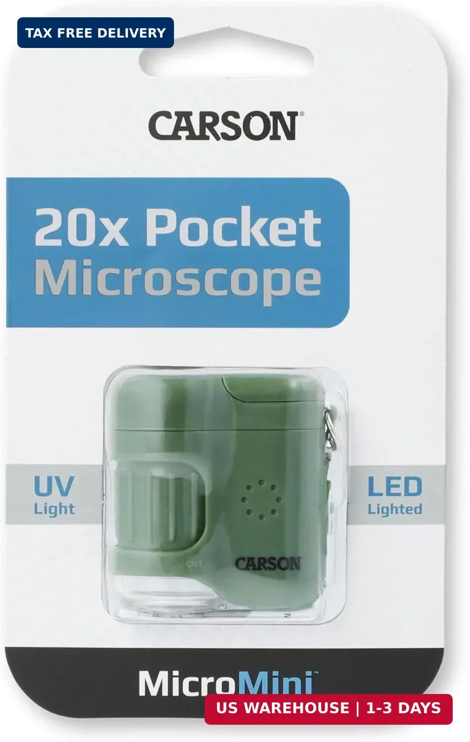 Carson MicroMini 20x LED Lighted Pocket Microscope with Built-in UV and LED Flas