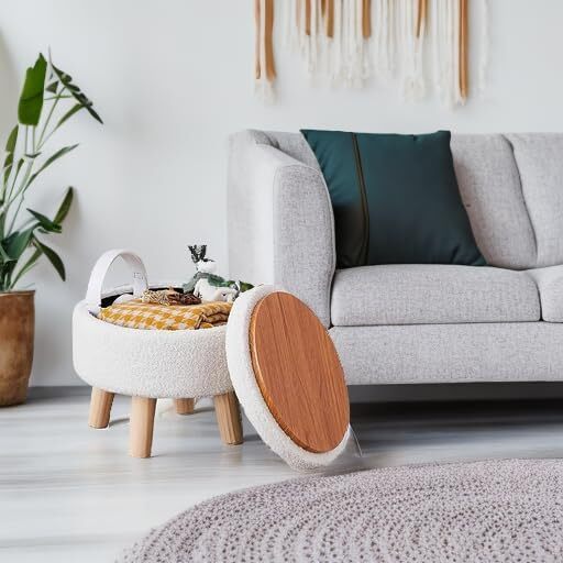 Storage Ottoman, Round Footstool with Upholstered Seat Cushion, (Cream)