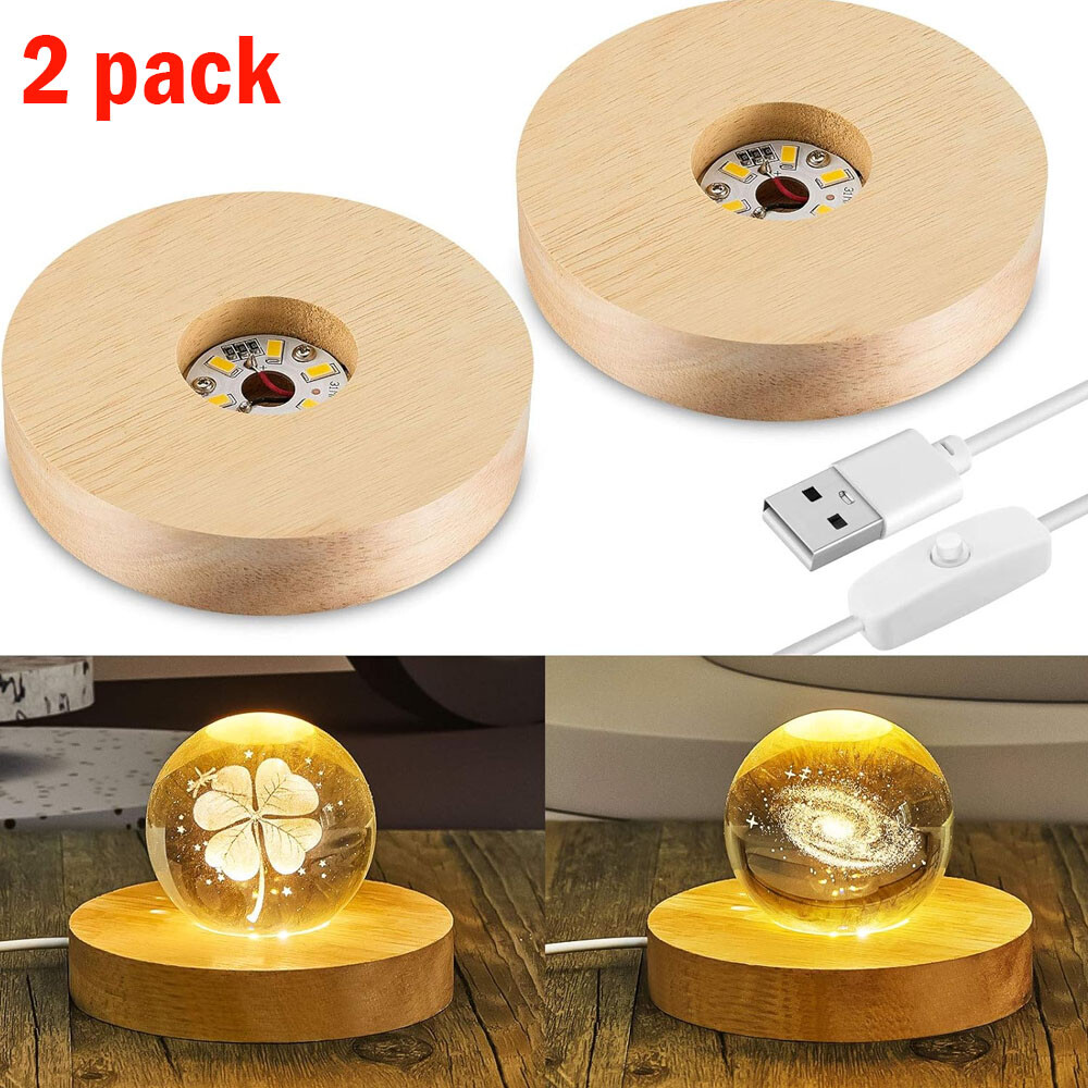 2XWood Round LED Light Display Base USB Resin Mold Night Light Stand Lamp Holder