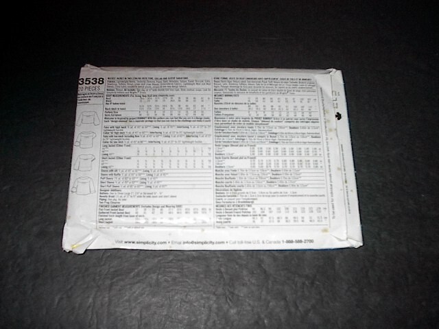 Simplicity Pattern 3538 Misses' Jacket in Two Lengths with Variations 12~20 Unc