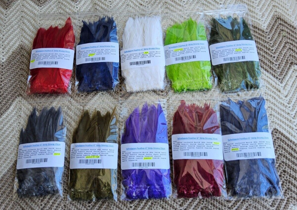Schlappen Feather. Soft, Webby, 6" Strip Strung..  (10) Pack Combo.  Color, Asst