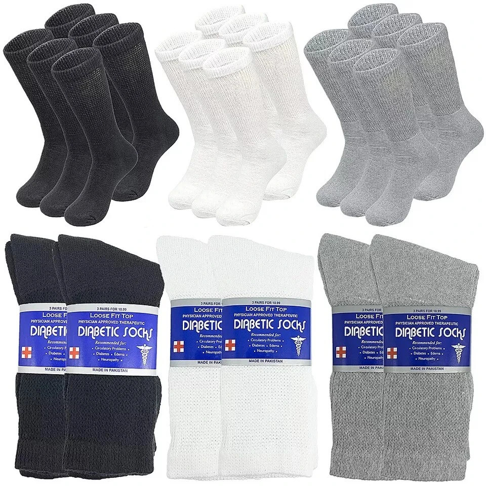6 Pairs Diabetic Crew Socks Mens Women Circulatory Health Non Binding 9-11 10-13