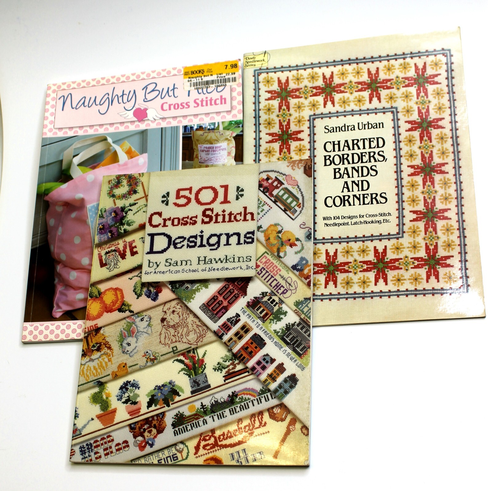 Lot of 3 Assorted Cross Stitch Books Collection of Different Styles and Designs