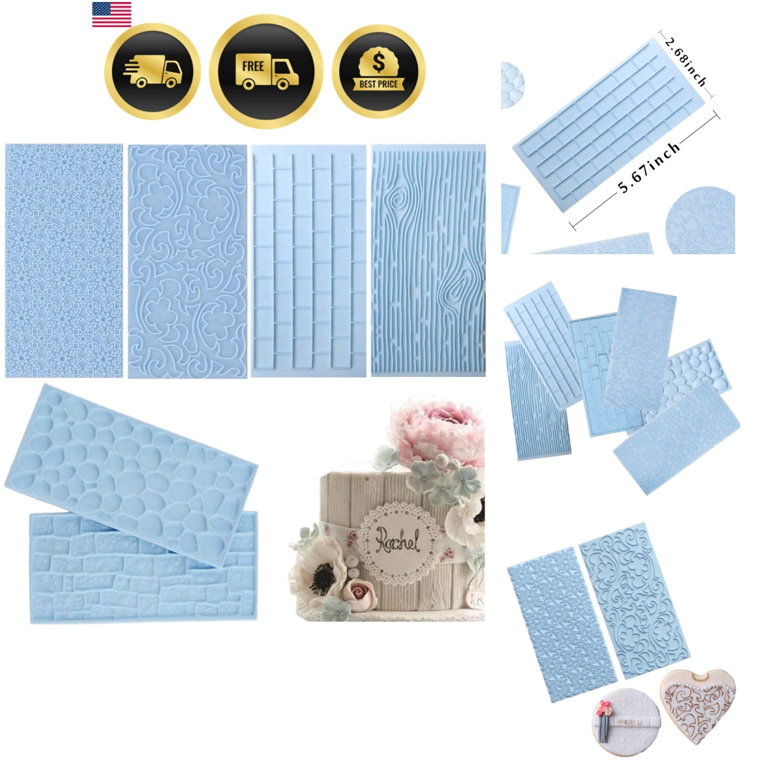 Texture Mats Fondant Molds, 6 Pack | Wood Grain Brick Castle Wall Cobblestone...