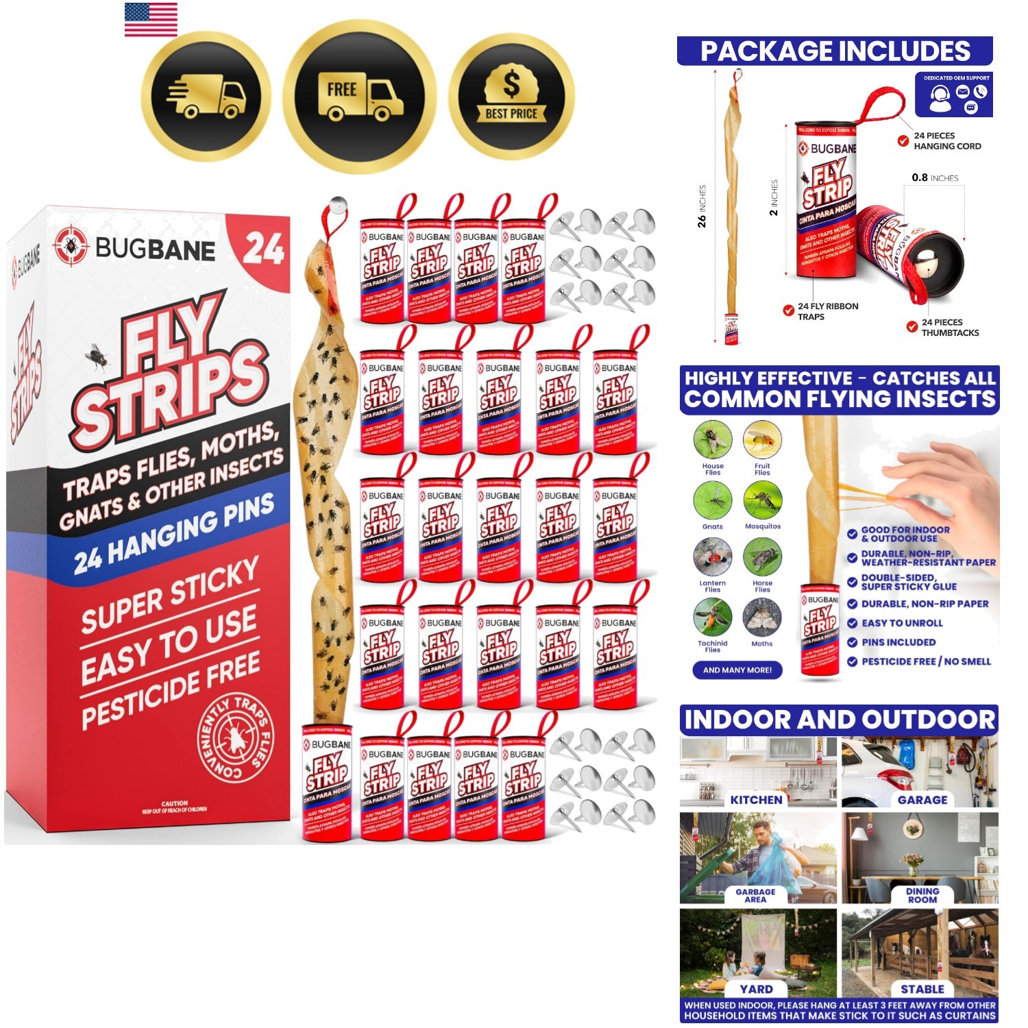 Fly Strips Indoor Sticky Hanging 24pk with Pins. Non Toxic Outdoor Fly Trap I...