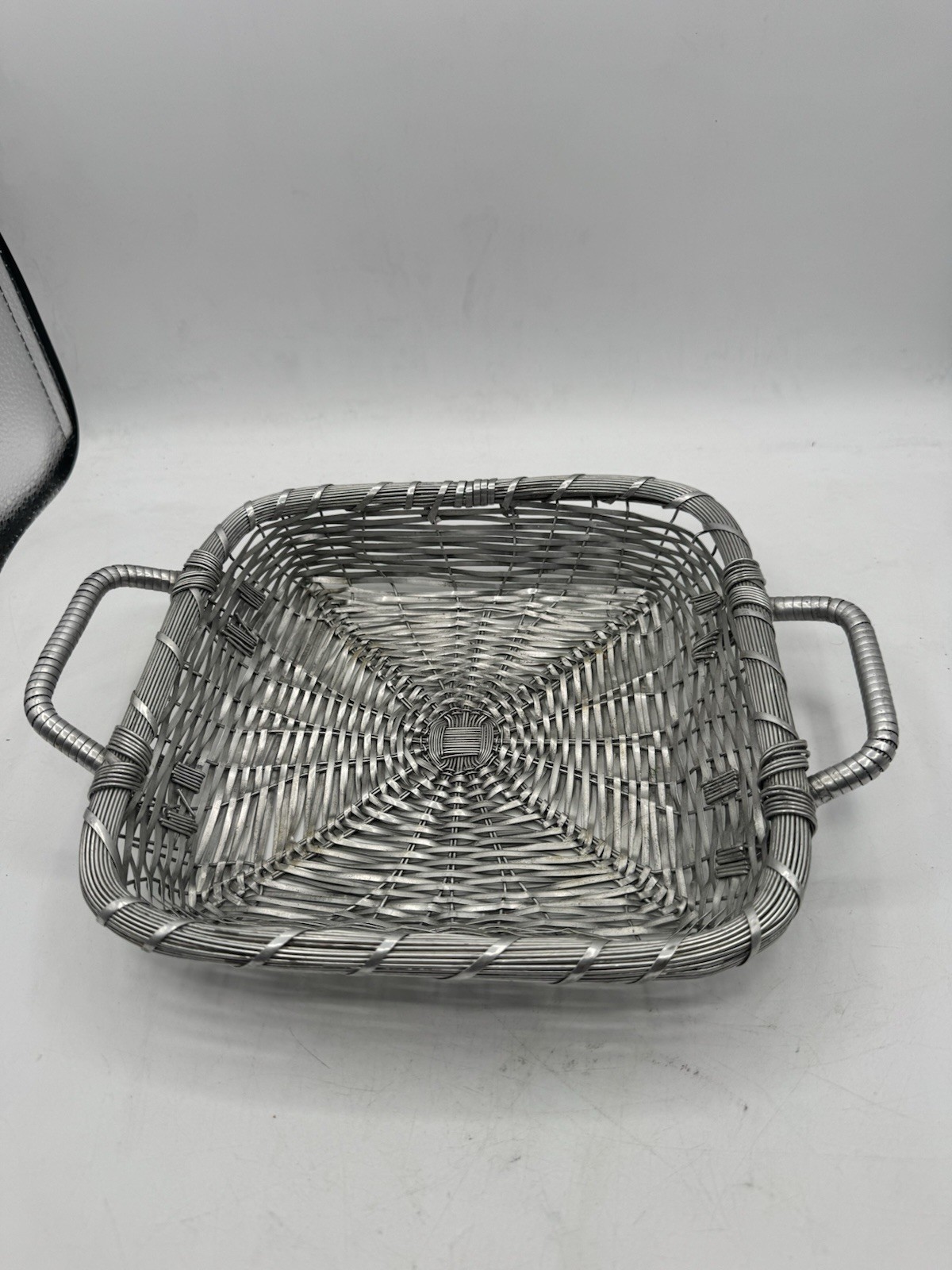 Metal Display Basket Silver Woven With Handles Rectangular 10 In x 10 In