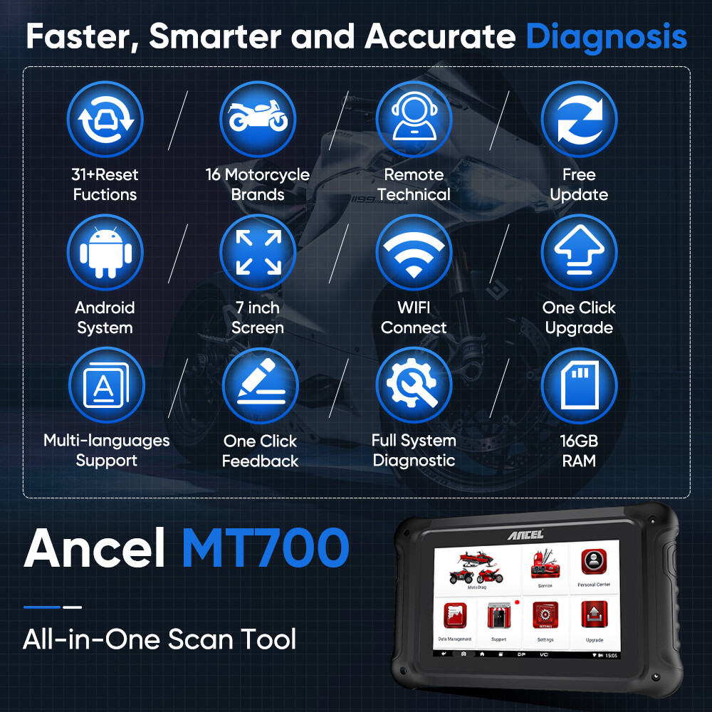 ANCEL MT700 OBD2 Motorcycle All System Diagnostic Scanner Oil Rest ECU Coding