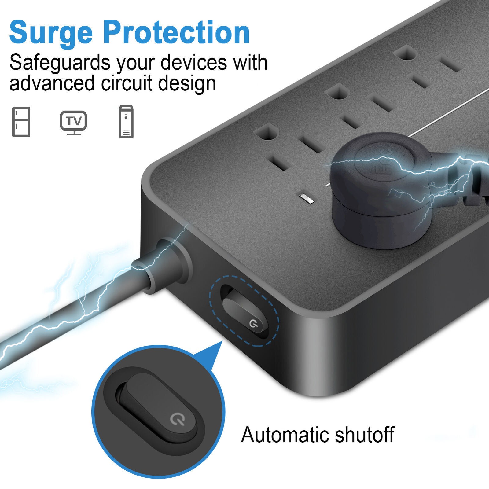 Multi-functional Power Strip Surge Protector, 8 Outlets 4Ft Long Extension Cord